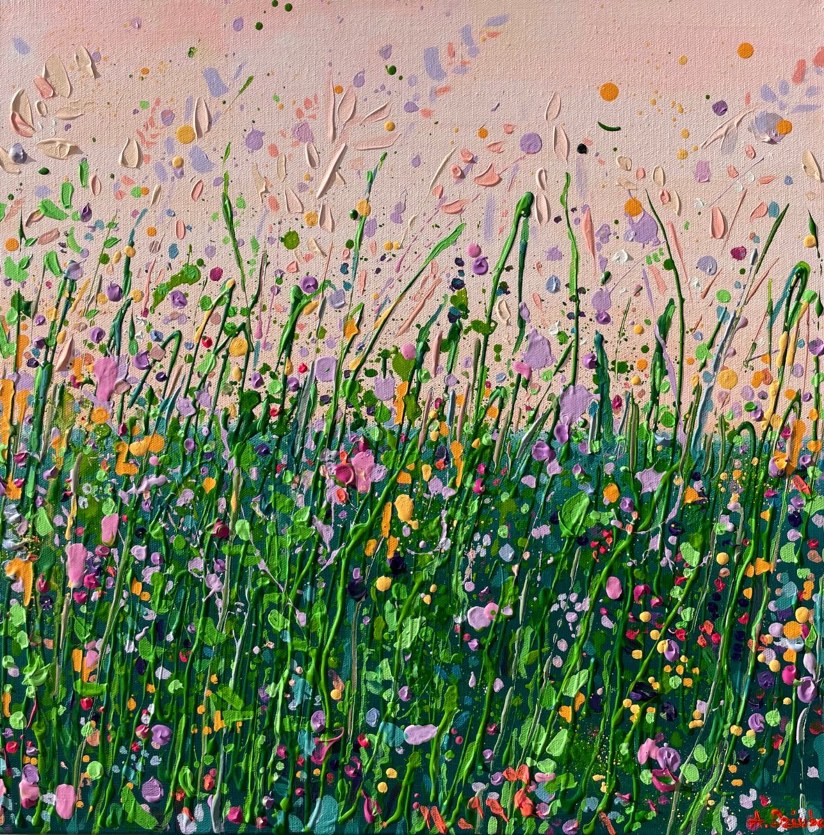 Impressionistic Landscape Acrylic Painting By Adriana Dziuba, 20 X 20, Blush Meadow Sunset, Original Artwork