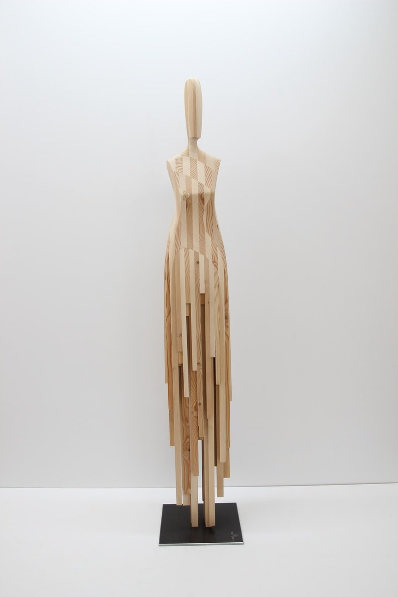 Portrait Wood Sculpture By Manfred Hellweger, 12 X 63", Human Flow Amalthea, Original Artwork