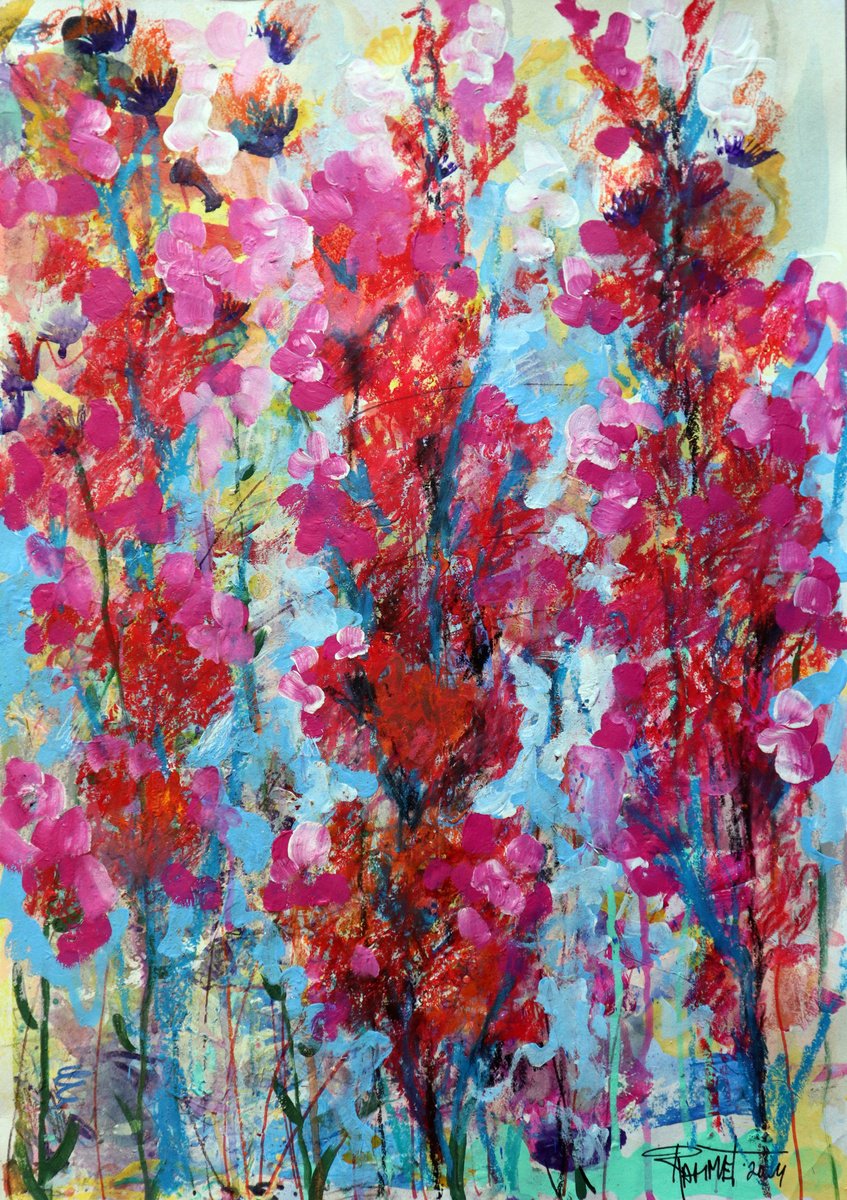 Impressionistic Botanical Acrylic Painting By Rakhmet Redzhepov, 17 X 23", Fantasy With Flowers 217, Original Artwork