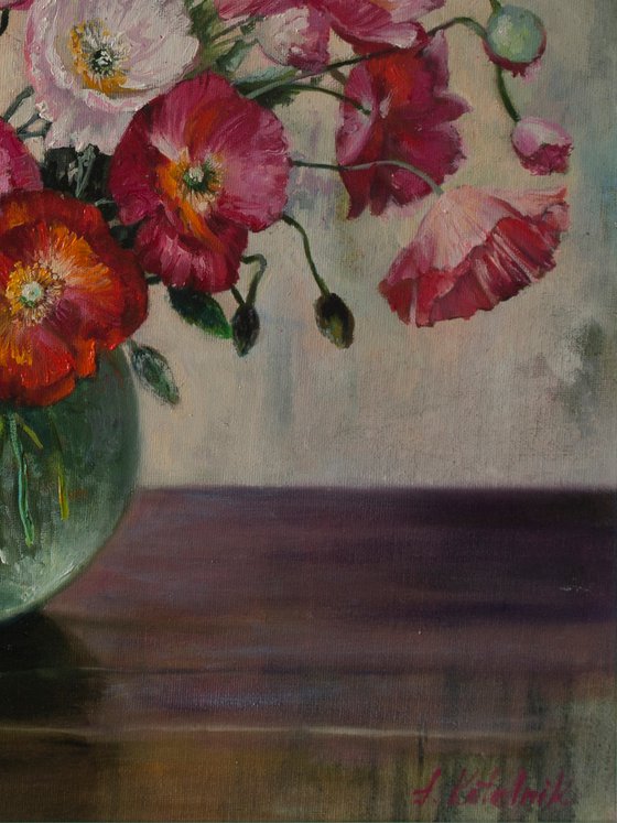 "Poppies in a green vase".   poppies still life flowers liGHt original painting  GIFT (2019)