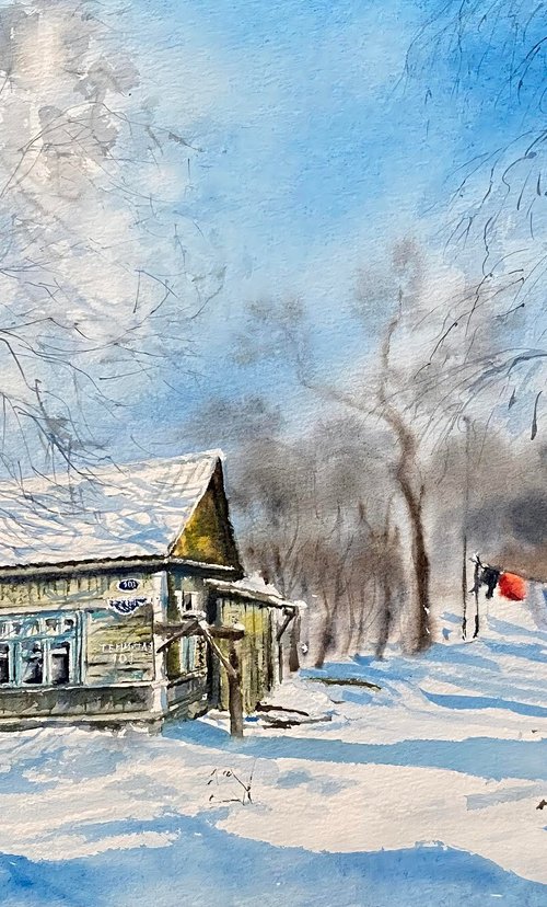 Winter washday, original watercolour by Natalia Butenko