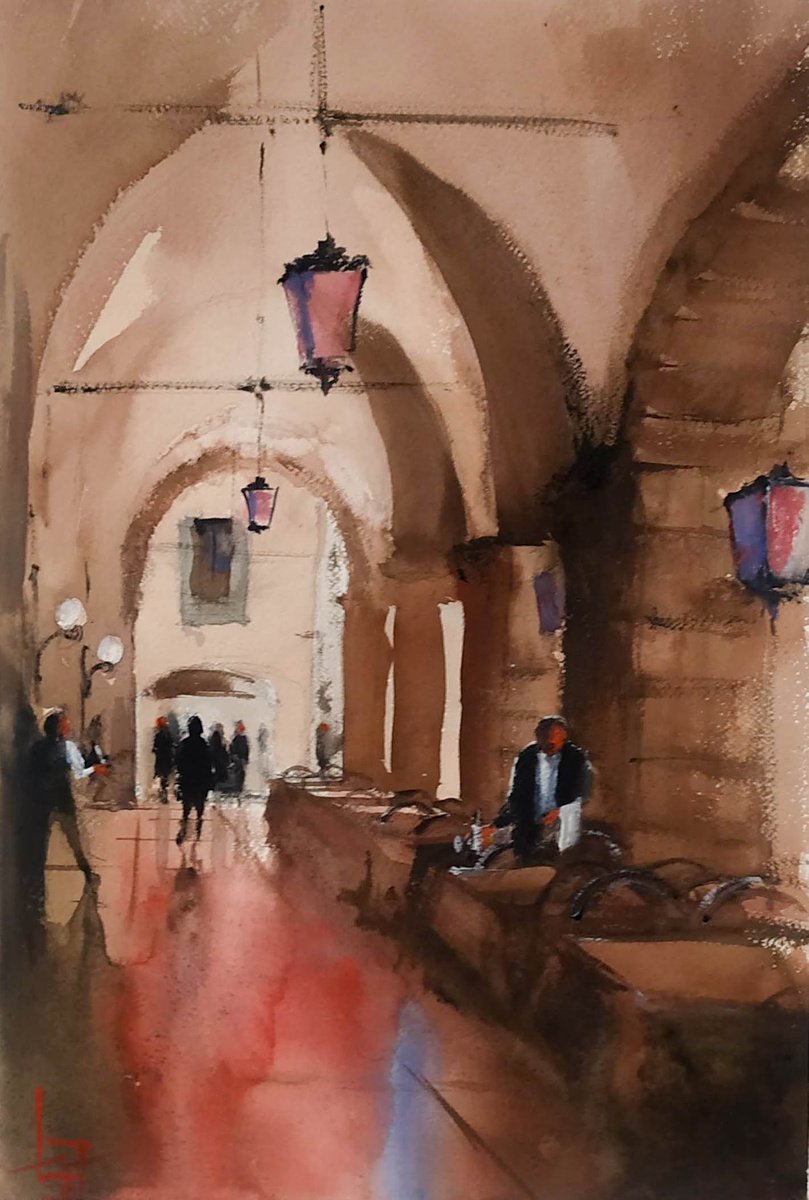 Impressionistic Cityscapes Watercolour By Flavio Furlan, 13 X 21, Verona Galleria, Original Artwork