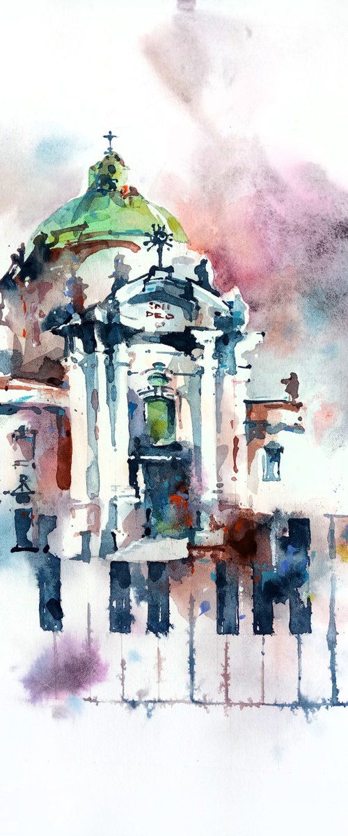 "Dominican church in Lviv, Ukraine" architectural landscape - Original watercolor painting by Ksenia Selianko