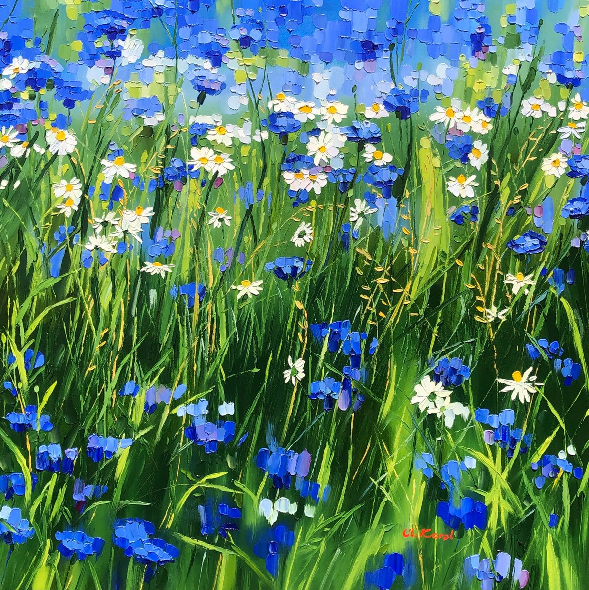 Impressionistic Botanical Oil Painting By Ulyana Korol, 24 X 24", Cornflower Blue, Original Artwork