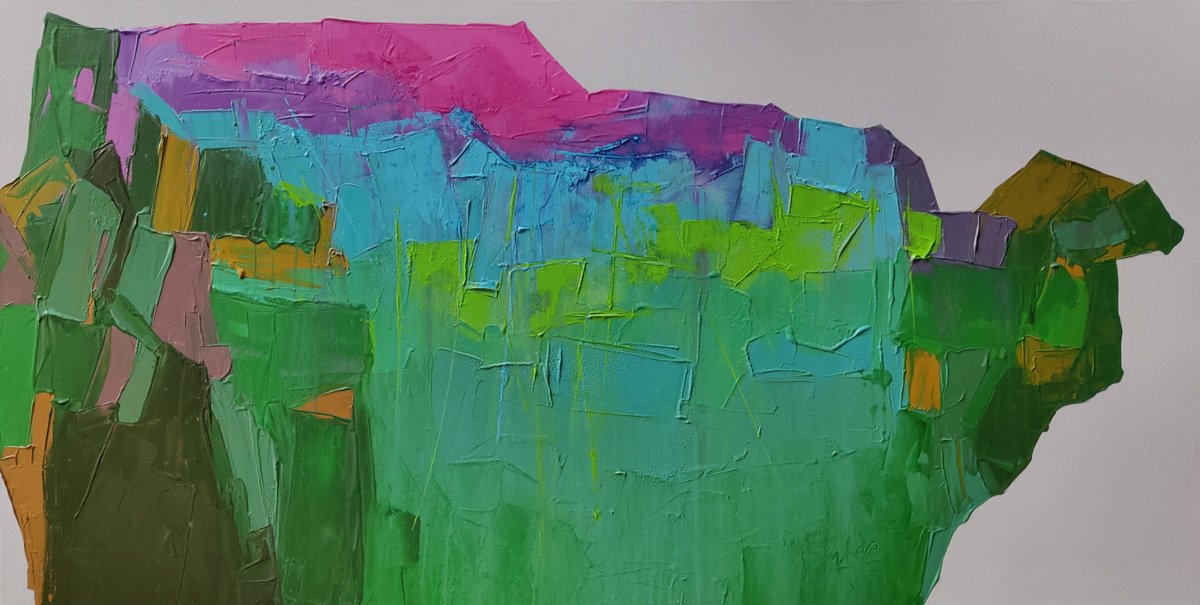 Abstract Landscape Acrylic Painting By Abhishek Kumar, 52 X 28, Mindscape In Green, Original Artwork