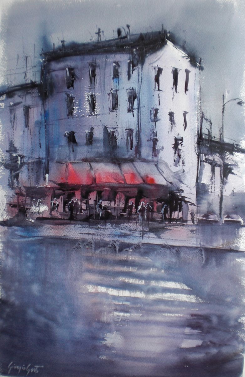 Impressionistic Cityscapes Watercolour By Giorgio Gosti, 14 X 21, Parisian Cafe 6, Original Artwork