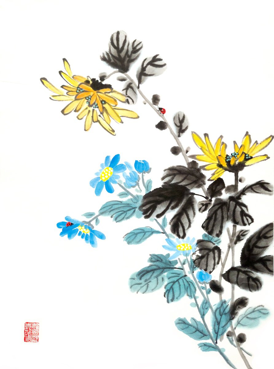 Expressive Watercolour , Yellow And Blue Chrysanthemums With Ladybugs By Ilana Shechter, 14 X 18, Artwork For Sale On Artfinder