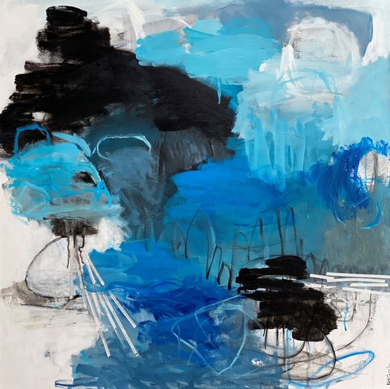 Blue on Black - playful bold whimsical abstract blue, black and white painting