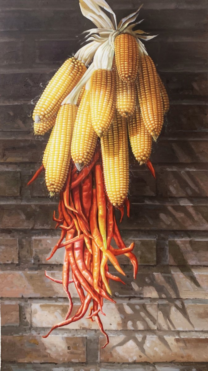 Still life oil painting:Corns and hot peppers by Kunlong Wang