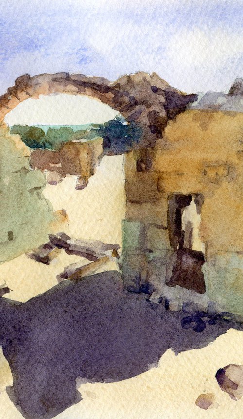 Ruins of Paphos, Small watercolor. Archeology of Cyprus by Yulia Evsyukova