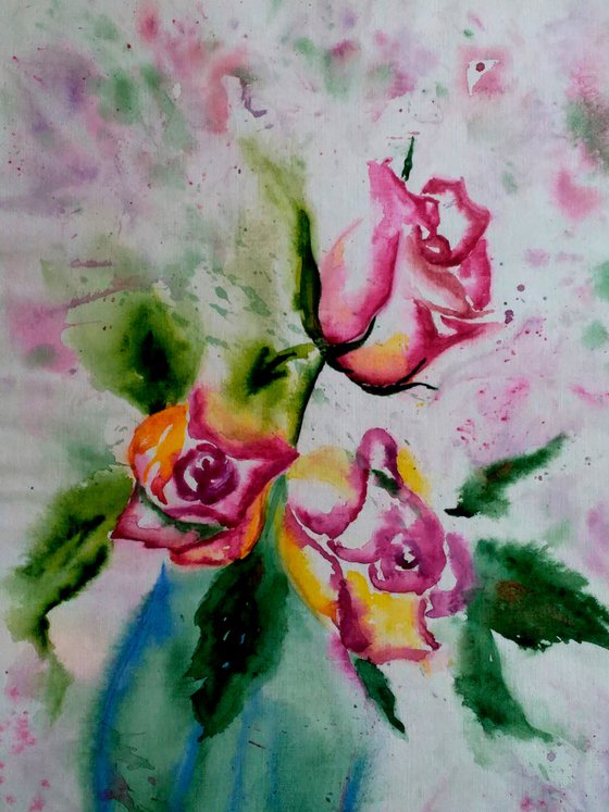 Roses Painting Floral Original Art Roses in Blue Vase Still Life Flowers Small Watercolor Artwork Home Wall Art 8 by 11" by Halyna Kirichenko