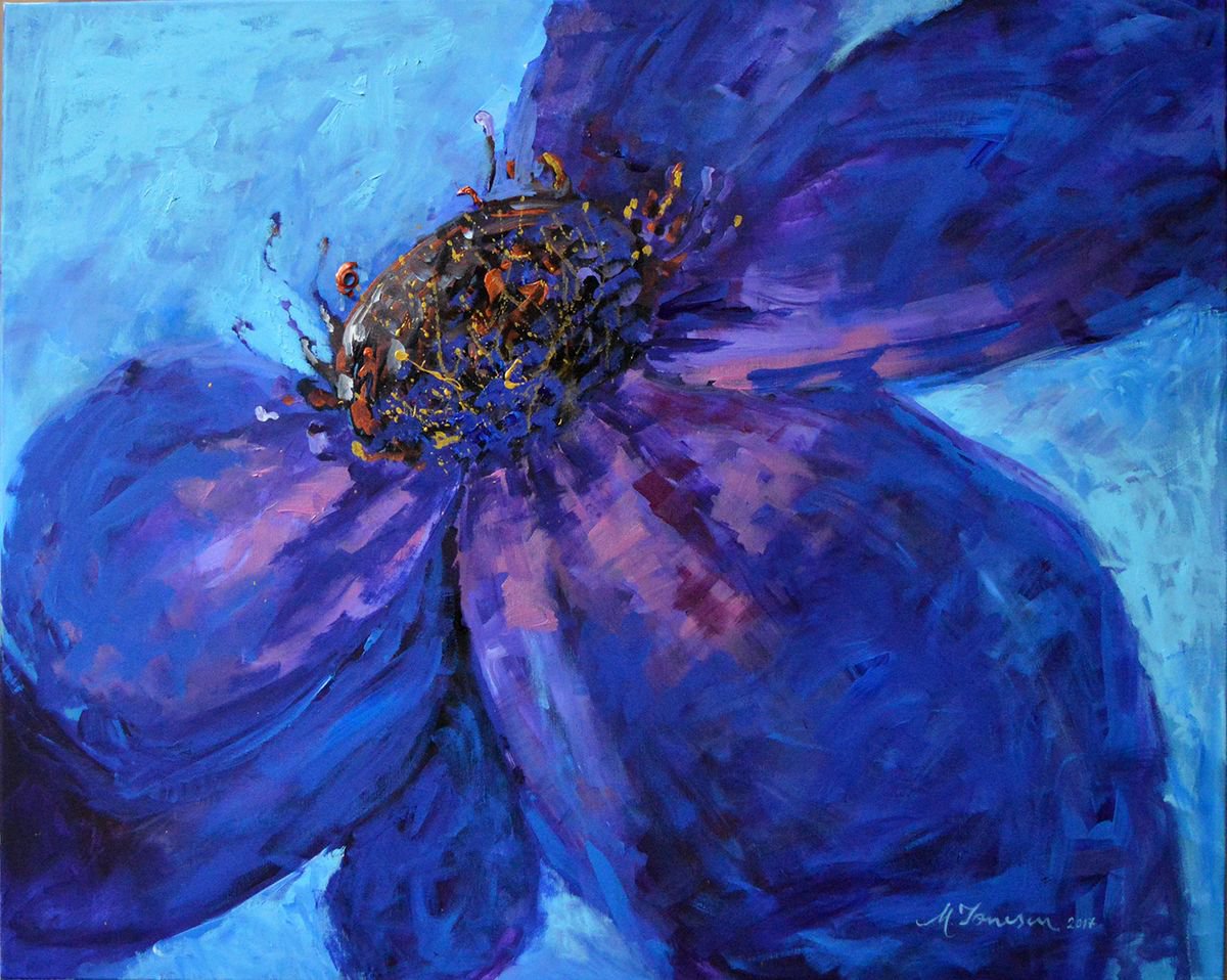 Expressive Botanical Acrylic Painting By Mihaela Ionescu, 39 X 31", "Blue Symphony", Original Artwork