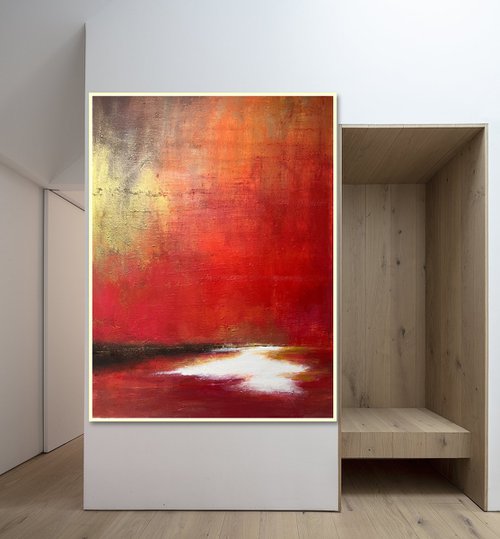 Red wispers abstract sunset red gold orange by Henrieta Angel