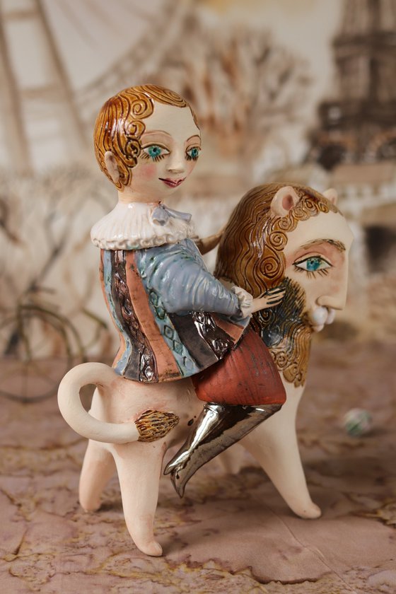 Vintage dressed boy riding a lion. From "Le Carousel, Hommage à l'Innocence" project by Elya Yalonetski