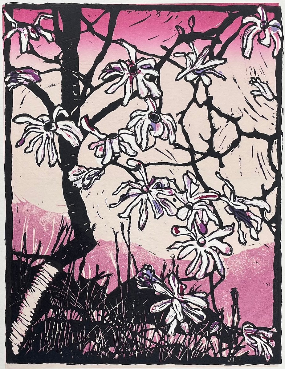 Impressionistic Botanical Linocut By C Staunton, 7 X 11, The Melt - Magnolia Linocut, Original Artwork