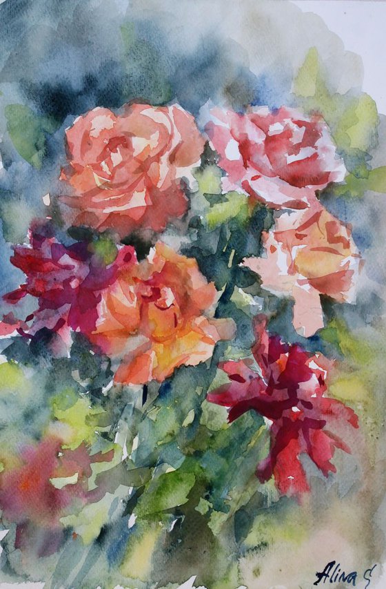 Floral watercolor hand painting Roses, original artwork, nature wall art, flowers fine art,  apartment wall decor
