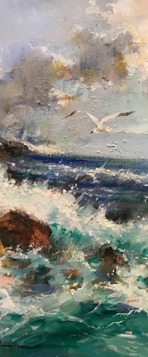 Ocean Waves with Sea Gulls by W. Eddie