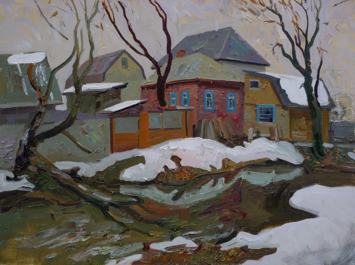 Impressionistic Landscape Oil Painting By Victor Onyshchenko, 31 X 24", Houses And Trees Near Stryzhen, Original Artwork