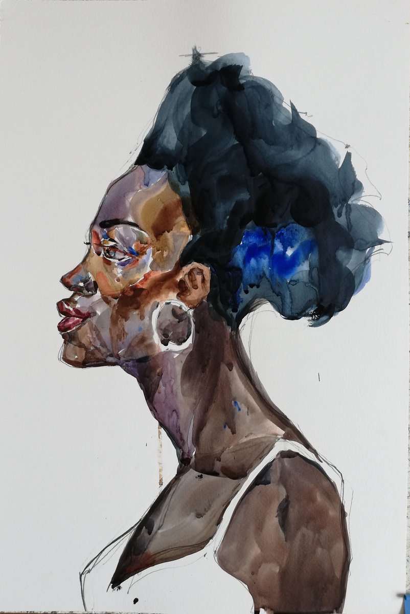 Impressionistic Portrait Watercolour By Jelena Djokic, 14 X 20, Blue Hair, Original Artwork
