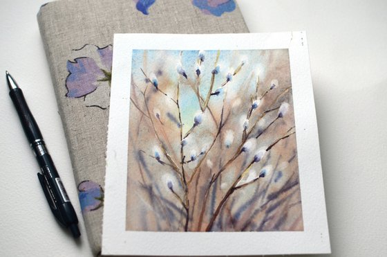 Spring Willow in watercolor, Miniature painting