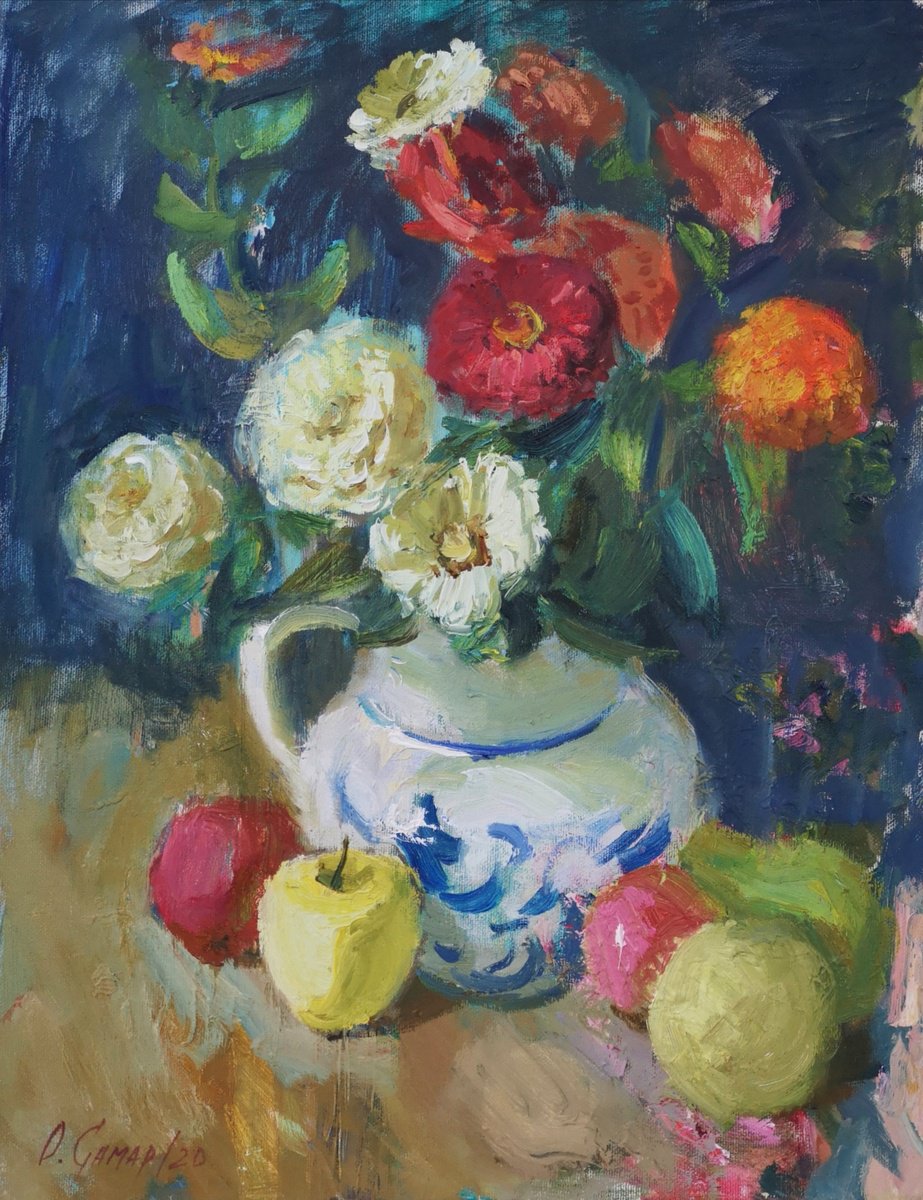 Impressionistic Still Life Oil Painting By Olga Samar, 14 X 18", Her Favourite Flowers, Original Artwork