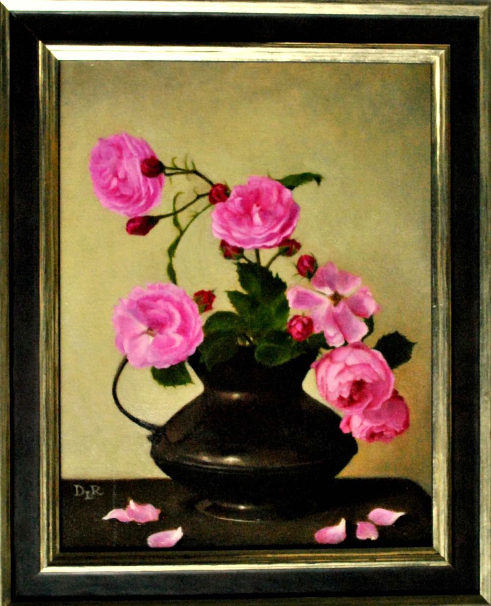 Photorealistic Botanical Oil Painting By Daniela Roughsedge, 14 X 17, Garden Roses, Original Artwork