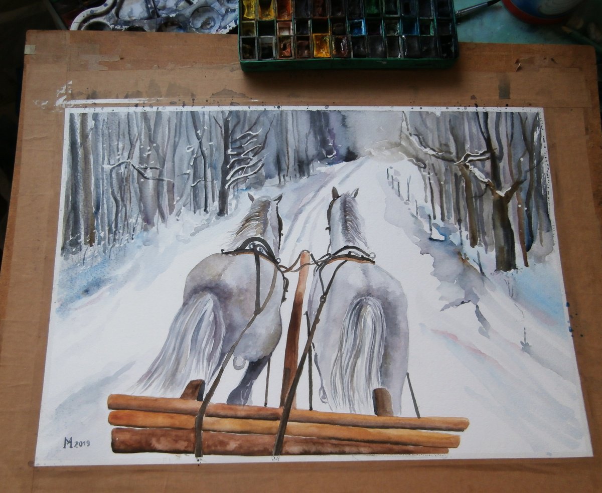 Impressionistic Animal Watercolour By Zoran Mihajlovic Muza, 19 X 13", Winter Fairy Tale, Original Artwork