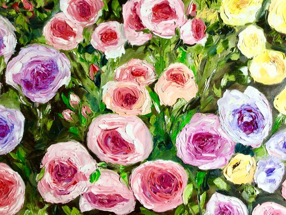 WHITE PINK YELLOW PURPLE  ROSES IN A GARDEN palette knife modern still life  flowers office home decor gift