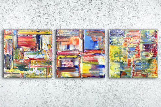 "Three's A Crowd" - FREE USA SHIPPING - Original Large PMS Abstract Triptych Oil Paintings On Canvas - 60" x 20"