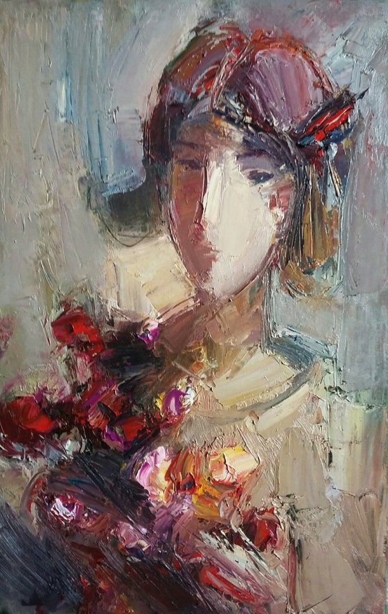 Girl with flowers 33x50cm ,oil/canvas, abstract portrait