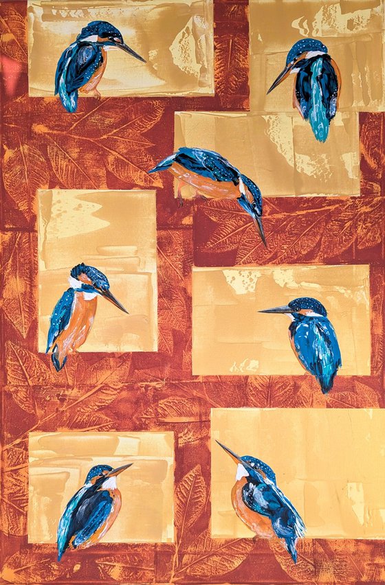 Seven kingfishers in acrylic