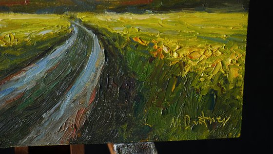 Rainbow Over The Wet Road - sunny summer landscape painting