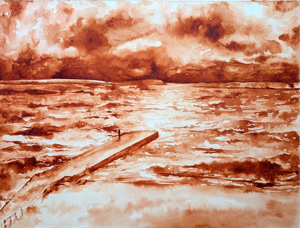 Expressive Landscape Watercolour By Richard Freer, 16 X 12", Port Arthur In Burnt Sienna, Original Artwork