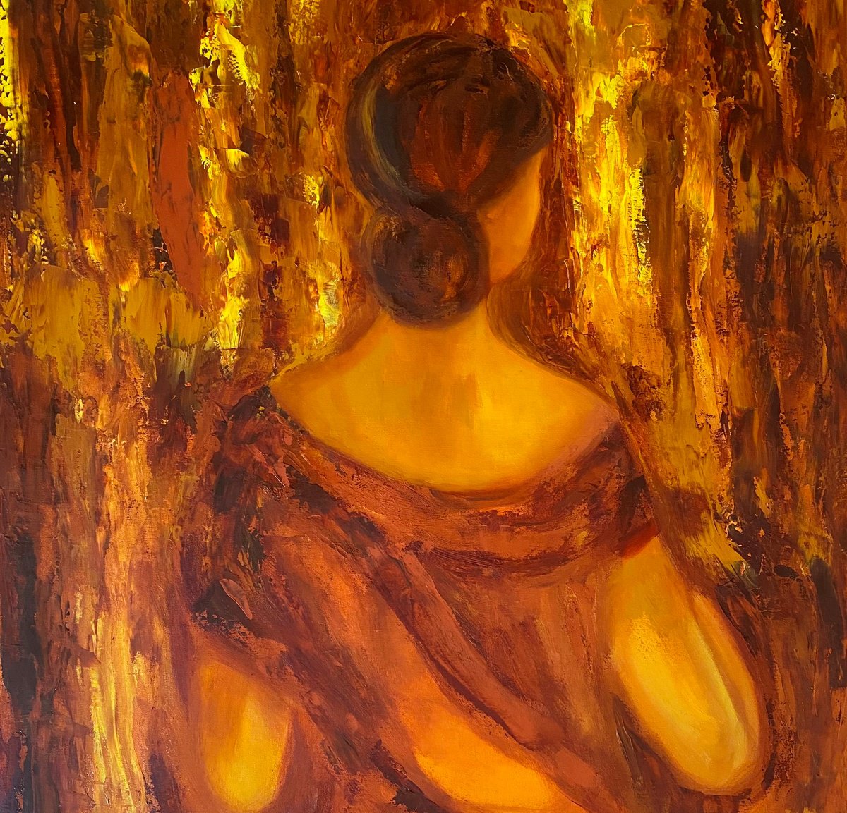 Impressionistic Portrait Oil Painting By Deepa Kern, 31 X 35, Seat In The Sun, Original Artwork