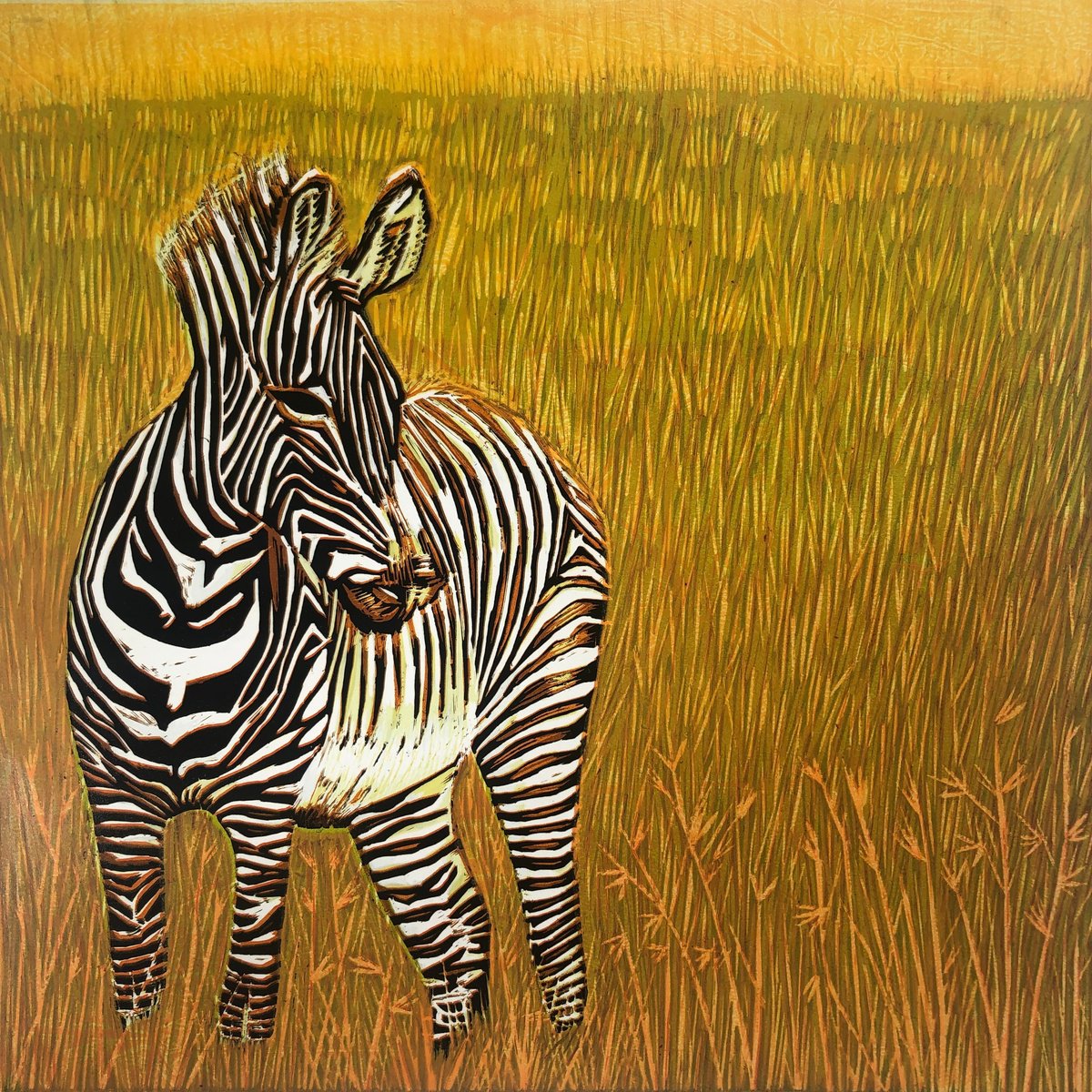 Illustrative Animal Linocut By Marian Carter, 15 X 15", Grevy