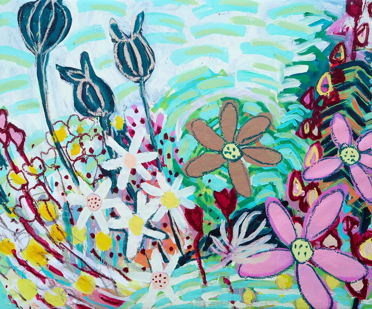 Expressive Botanical Acrylic Painting By Suzie Cumming, 47 X 39", Garden In June, Original Artwork