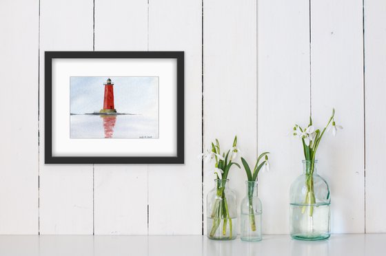 Red lighthouse in the sea. Minimalism. Original watercolor artwork.