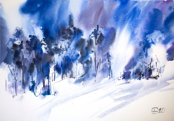 Winter forest. Blue. Abstract nature medium size original watercolor interior decor dark cold freeze