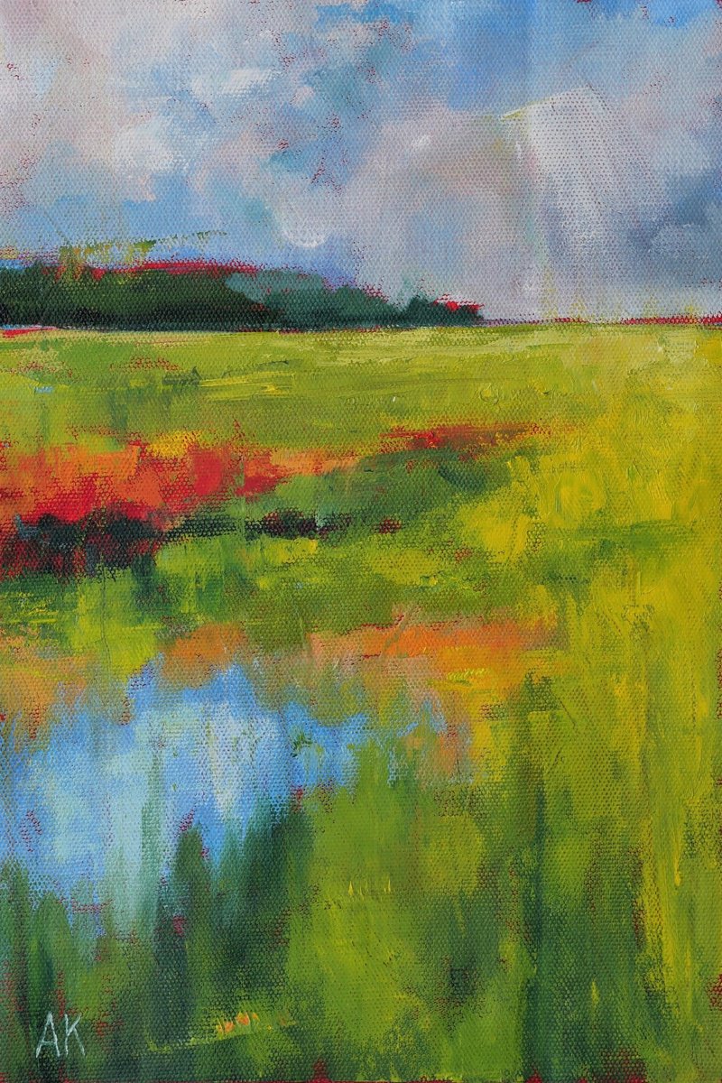 Grassland - textured semi abstract multicolour landscape oil painting by Alfia Koral