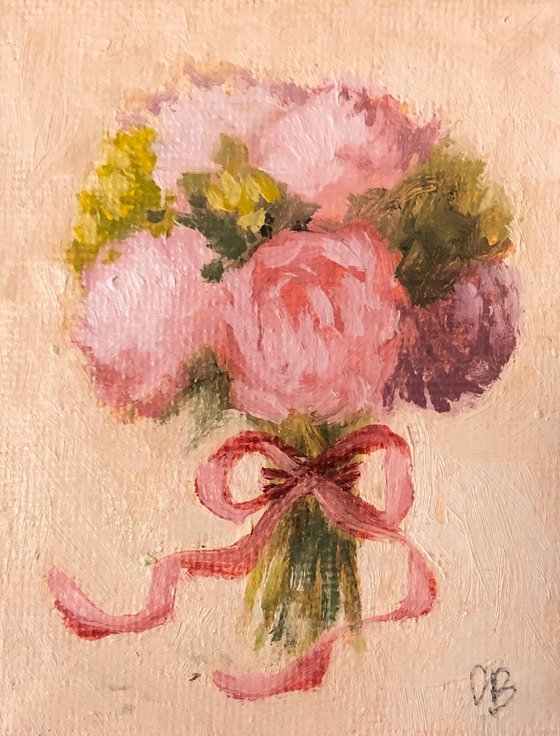 Set of 4 Mini Flower Bouquet Oil Paintings