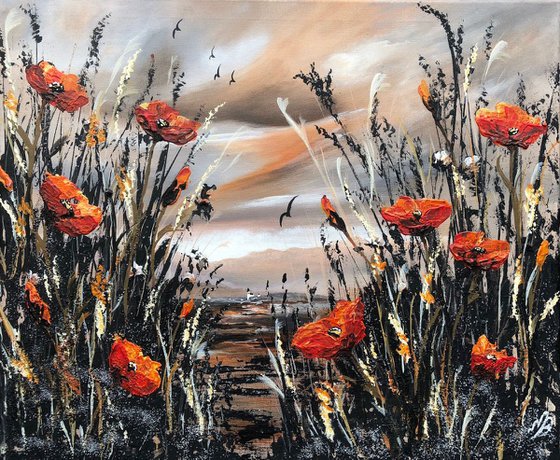 Orange poppies against an orange sky