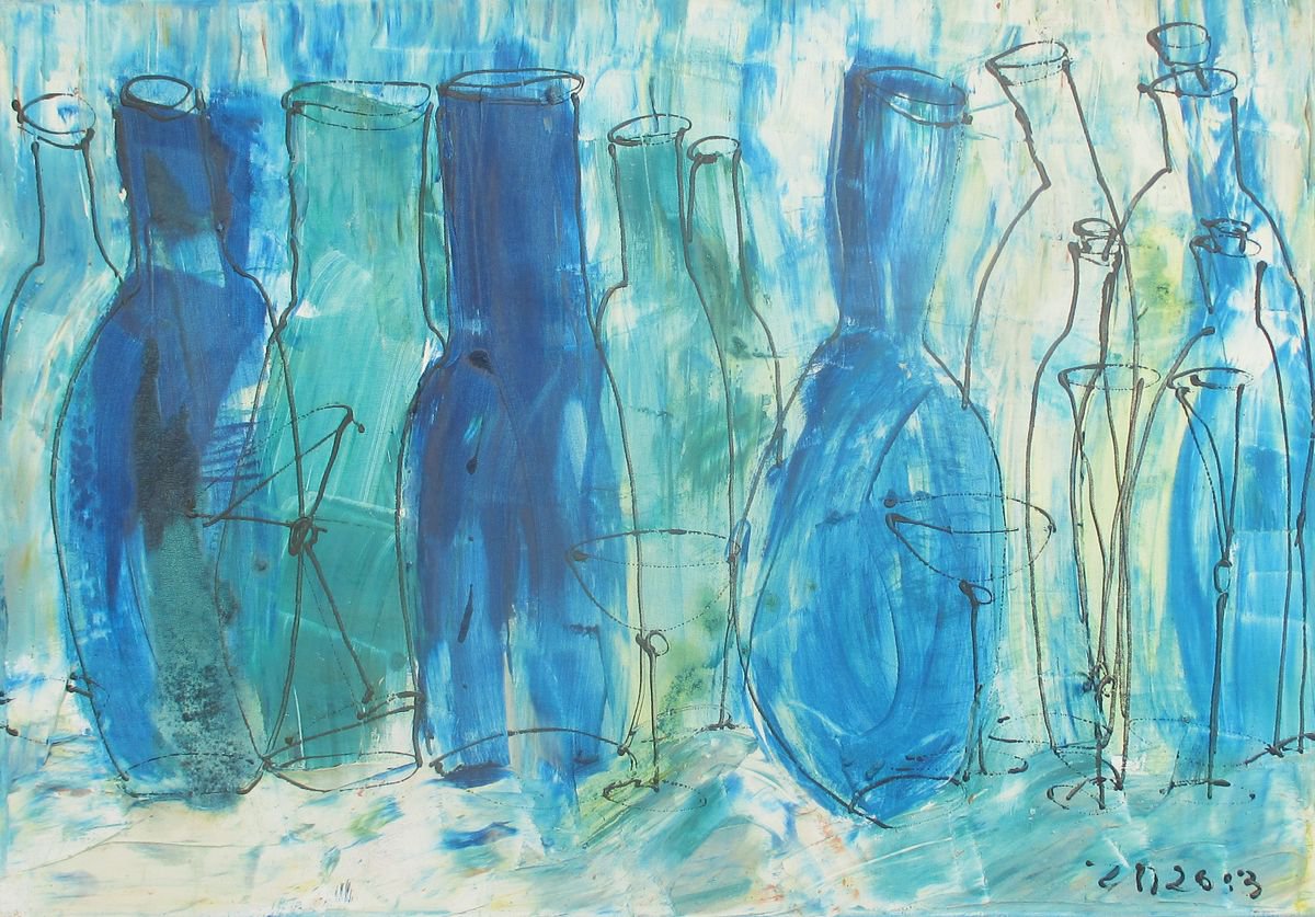 wild blue bottle party xl Oilpainting 27,5 x 39,4inch by Sonja Zeltner-Muller