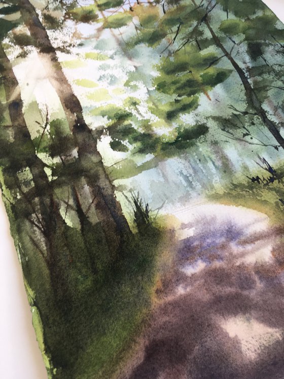 Dawn in the forest, watercolor, 28x38 sm,