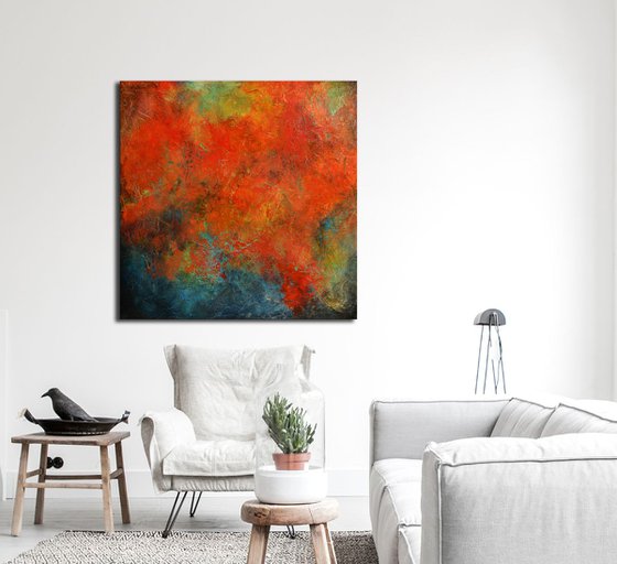 Reef City II - large square abstract painting with red and blue