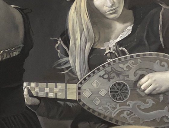 Lute Players Black and White Acrylic Painting