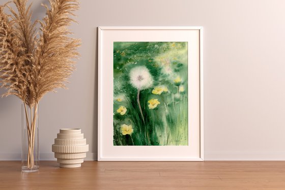 Watercolor dandelion field