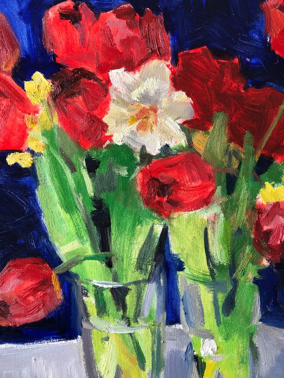 Red Tulips on blue