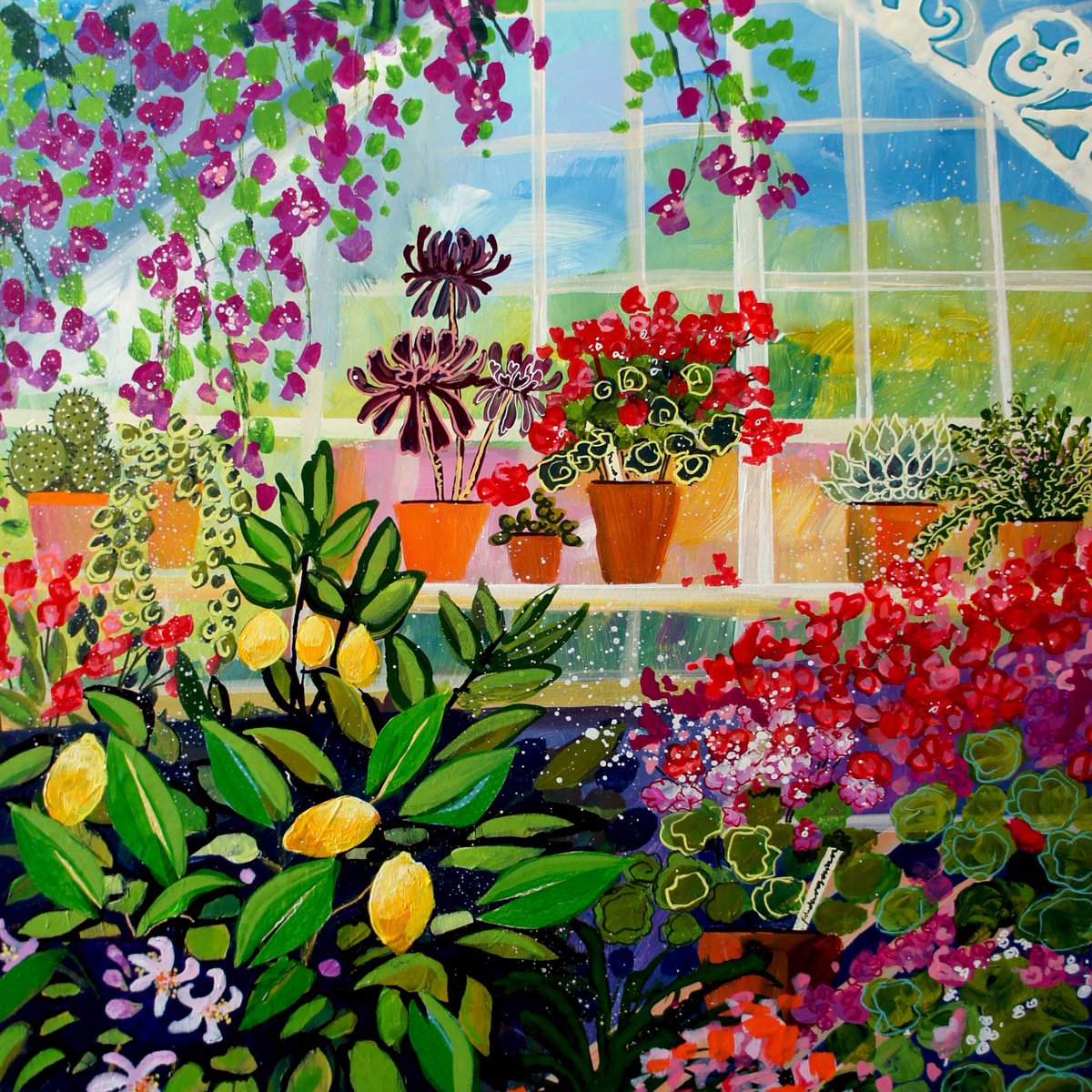 Impressionistic Botanical Acrylic Painting By Julia Rigby, 17 X 17", In The Glasshouse, Original Artwork