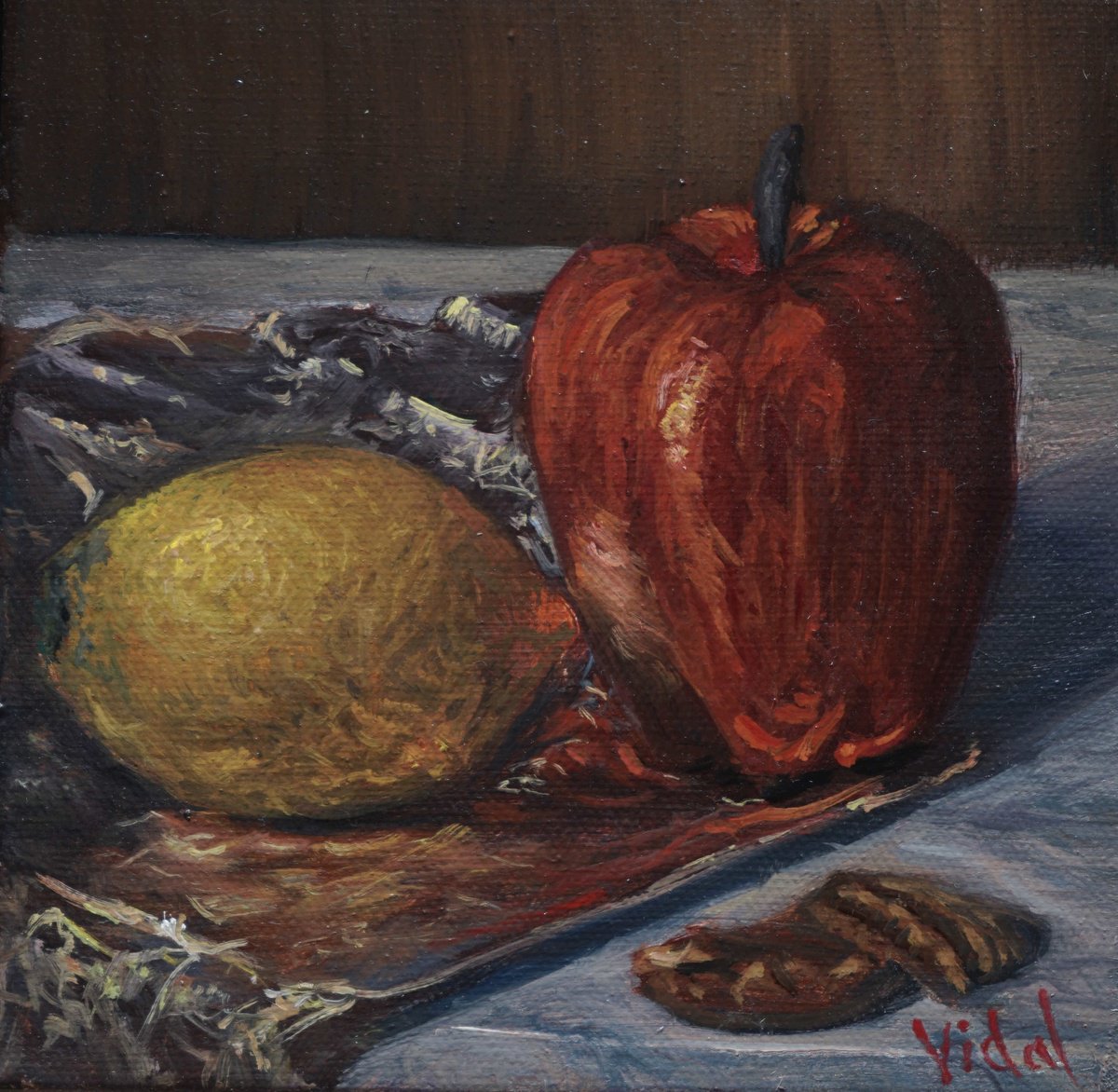 Abstract Landscape Oil Painting By Christopher Vidal, 6 X 6, Apple, Lemon And Pecans - Still Life, Original Artwork