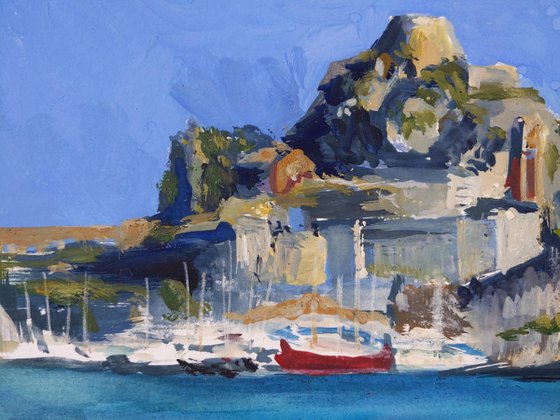 Old Venetian Fortress of Corfu island - Corfu island - original watercolor painting - seascape painting - waves